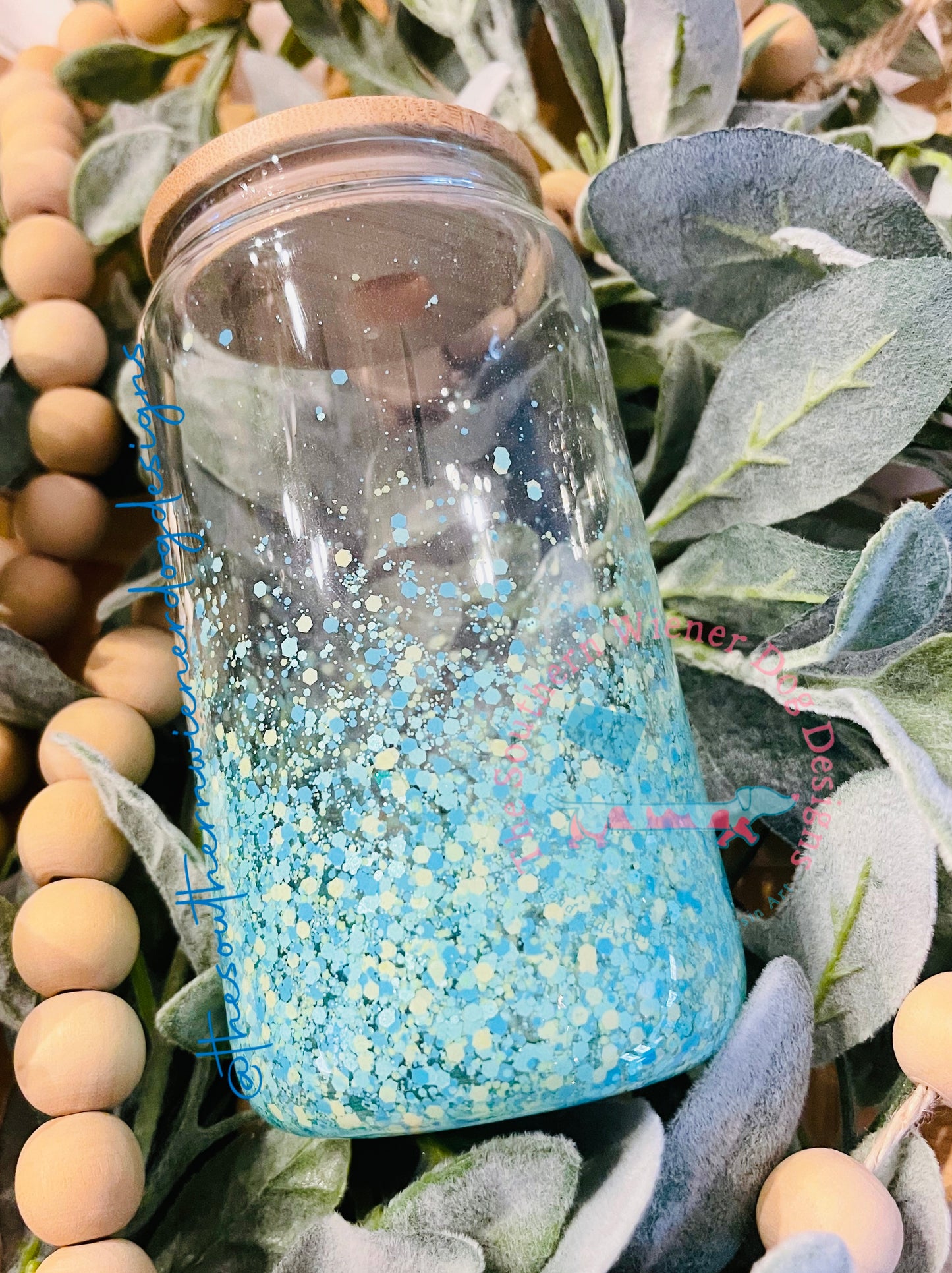 Glass cup w/Wood lid (Blue/green mix)
