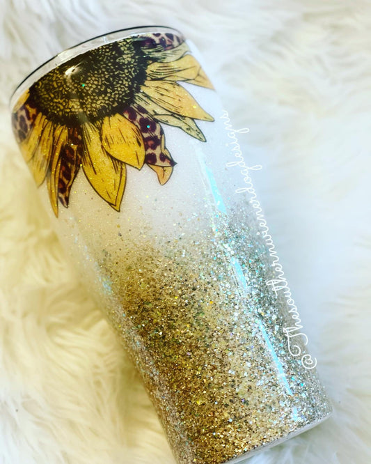 Custom Leopard sunflower glitter cup. With quote, monogram