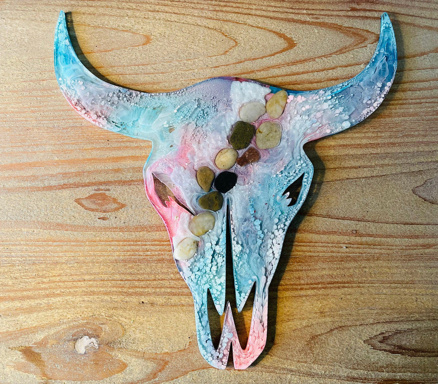 Cotton candy cow skull resin art wall/door hanging.
