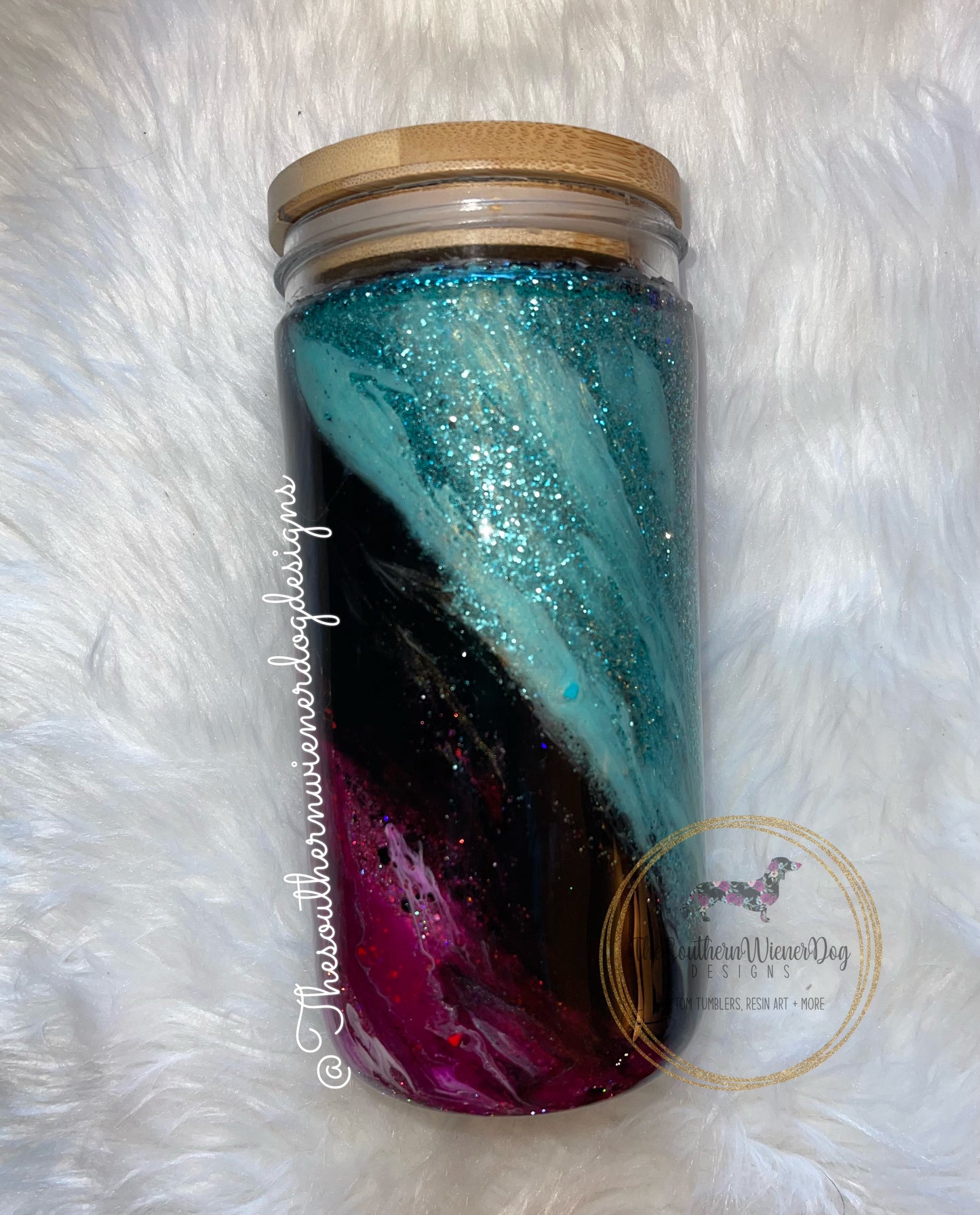 Teal + Purple swirl GLASS MASON JAR w wood lid