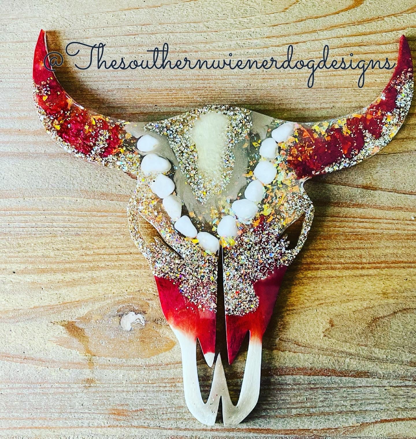 Custom  Raspberry red, golds and Cream/White Cow skull Wall hanger